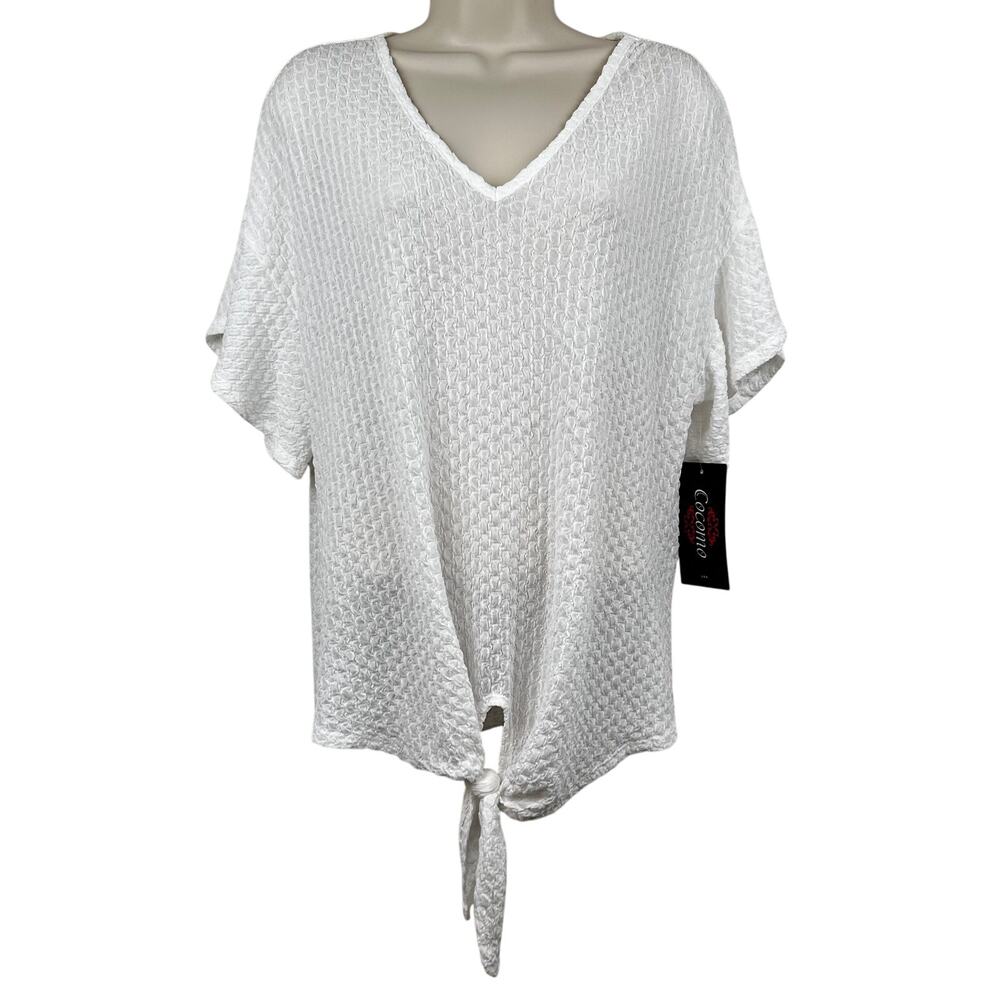 NEW Cocomo Blouse Top Knit Textured Flutter Sleeve Front Tie Semi Sheer White Lg